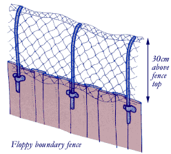 Floppy boundary fence design to deter possums extending 30cm above the fence top.